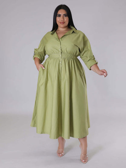 Curvy Dresses- Curvy Cocktail Elegant Long Sleeve Olive Dress- Olive green- IndioGear Women Clothing