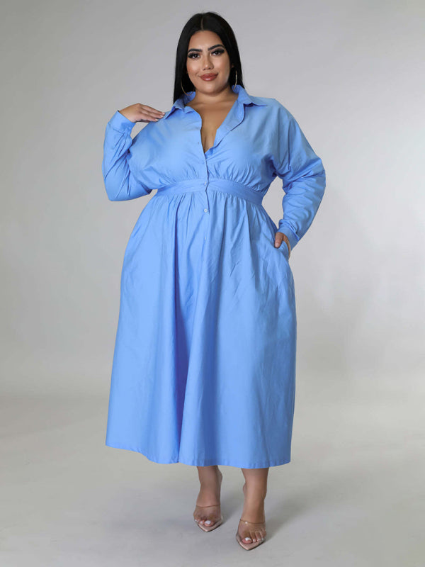 Curvy Dresses- Curvy Cocktail Elegant Long Sleeve Olive Dress- Blue- IndioGear Women Clothing