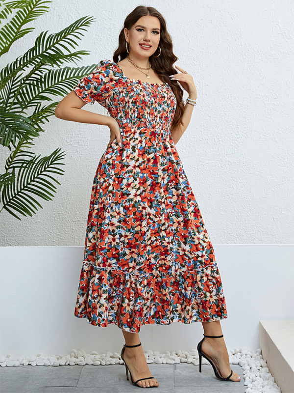 Curvy Dresses- Floral Plus Size A-Line Dress with Smocked Bodice- - IndioGear.com