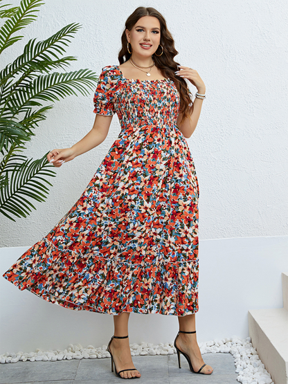 Curvy Dresses- Floral Plus Size A-Line Dress with Smocked Bodice- - IndioGear.com