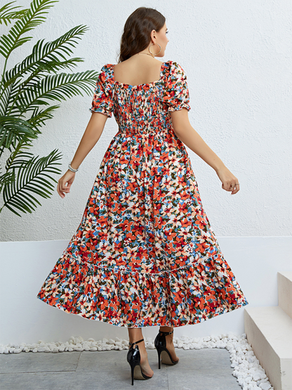 Curvy Dresses- Floral Plus Size A-Line Dress with Smocked Bodice- - IndioGear.com