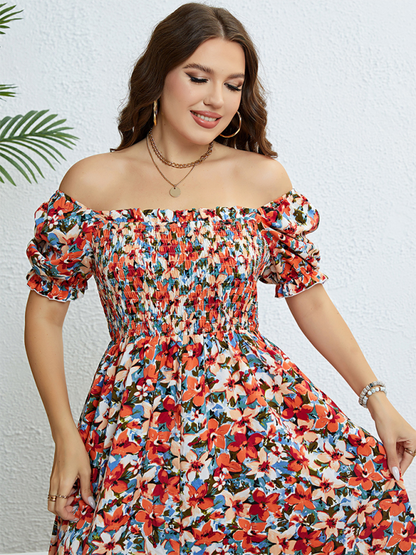 Curvy Dresses- Floral Plus Size A-Line Dress with Smocked Bodice- - IndioGear.com