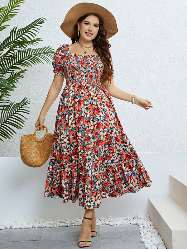 Curvy Dresses- Floral Plus Size A-Line Dress with Smocked Bodice- Orange Red- IndioGear.com