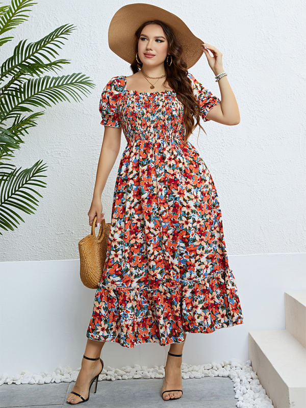 Curvy Dresses- Floral Plus Size A-Line Dress with Smocked Bodice- - IndioGear.com