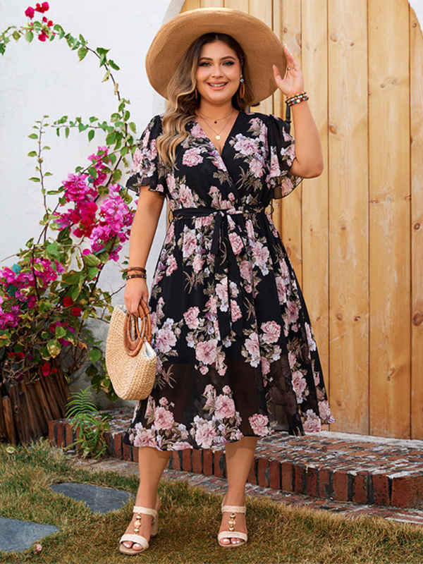 Curvy Dresses- Floral Plus Size Midi Dress with Cinched Waist- Black- IndioGear.com