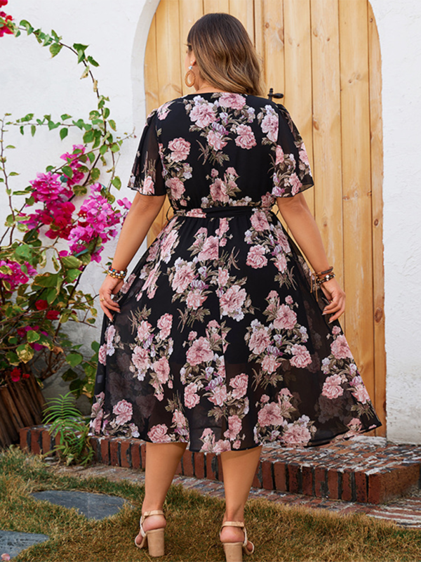 Curvy Dresses- Floral Plus Size Midi Dress with Cinched Waist- - IndioGear.com