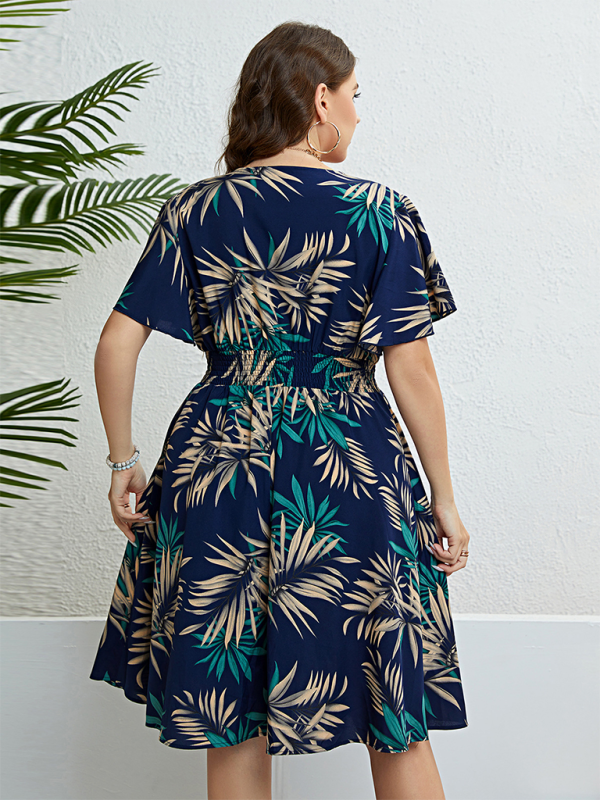 Curvy Dresses- Floral Plus Size Surplice Gathered-Waist Dress for Garden Parties- - IndioGear.com