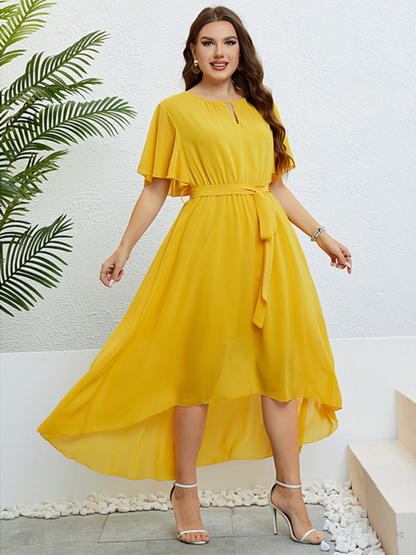 Curvy Dresses- Golden Hour Glow Asymmetrical Midi Dress for Special Occasions- - IndioGear.com