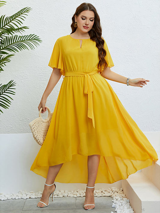 Curvy Dresses- Golden Hour Glow Asymmetrical Midi Dress for Special Occasions- Yellow- IndioGear.com