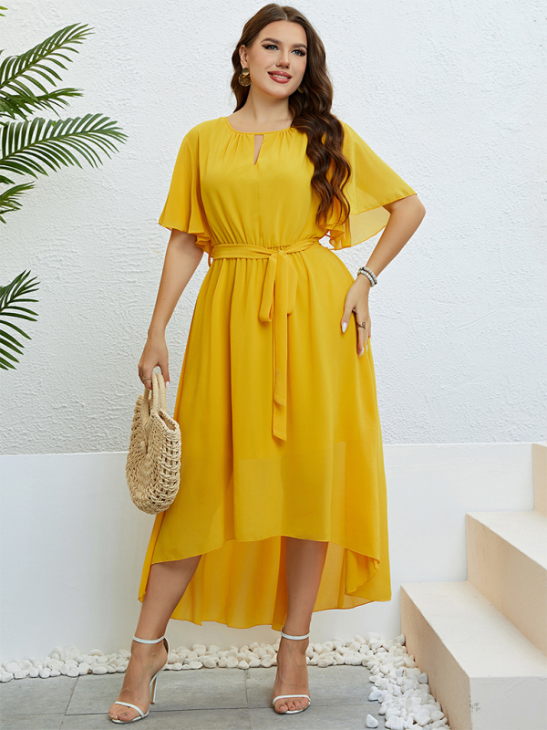 Curvy Dresses- Golden Hour Glow Asymmetrical Midi Dress for Special Occasions- - IndioGear.com