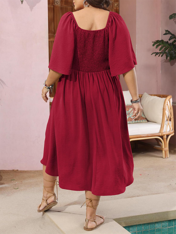 Curvy Dresses- Plus Size A-Line Dress with Button-Up Front and Bow- - IndioGear.com