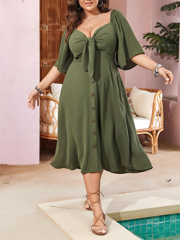 Curvy Dresses- Plus Size A-Line Dress with Button-Up Front and Bow- - IndioGear.com