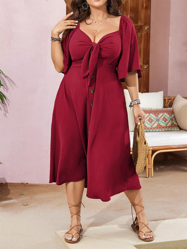 Curvy Dresses- Plus Size A-Line Dress with Button-Up Front and Bow- - IndioGear.com