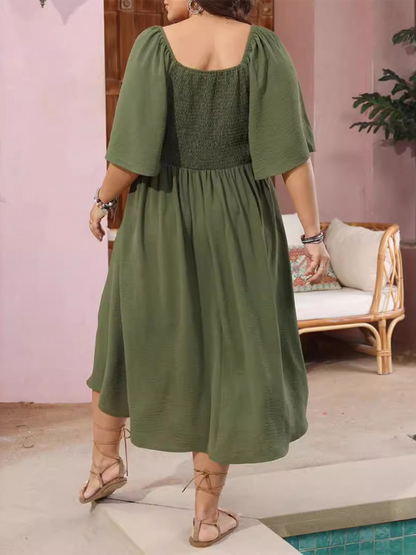 Curvy Dresses- Plus Size A-Line Dress with Button-Up Front and Bow- - IndioGear.com