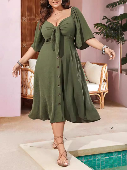 Curvy Dresses- Plus Size A-Line Dress with Button-Up Front and Bow- Green- IndioGear.com