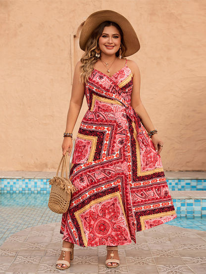 Curvy Dresses- Red Paisley Curvy Maxi Dress for Summer Events- - IndioGear.com