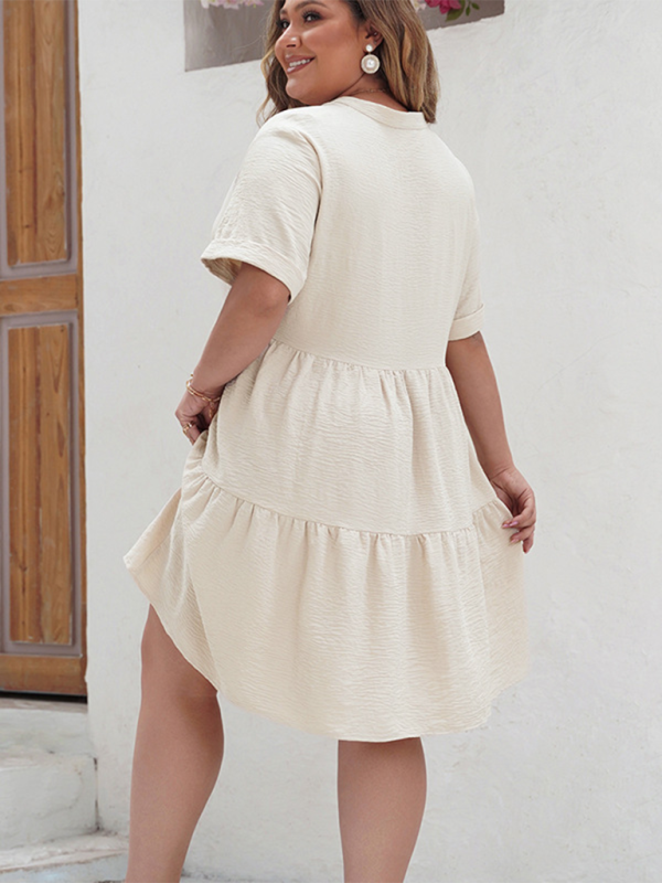 Curvy Dresses- Solid A-Line Tiered Curvy Knee Dress with Short Sleeves- - IndioGear.com