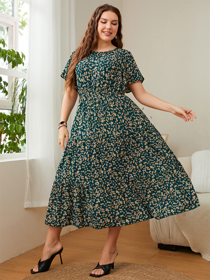 Curvy Dresses- Sunset A-Line Curvy Midi Dress with Gathered Waist- - IndioGear.com