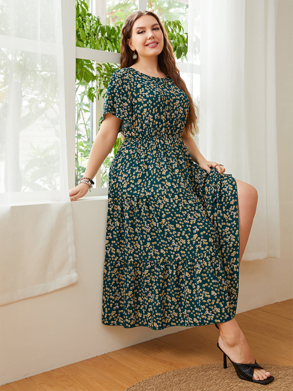 Curvy Dresses- Sunset A-Line Curvy Midi Dress with Gathered Waist- - IndioGear.com