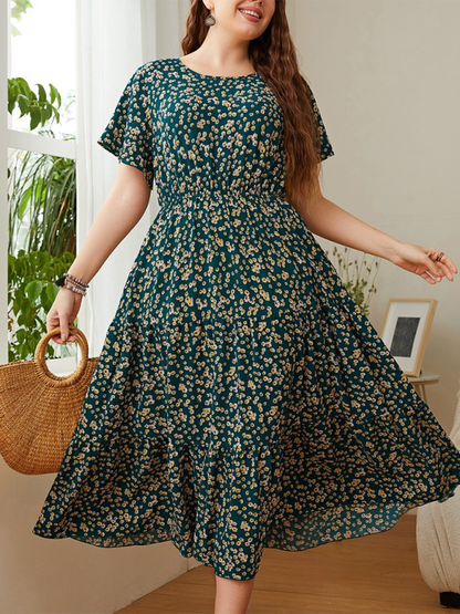 Curvy Dresses- Sunset A-Line Curvy Midi Dress with Gathered Waist- - IndioGear.com