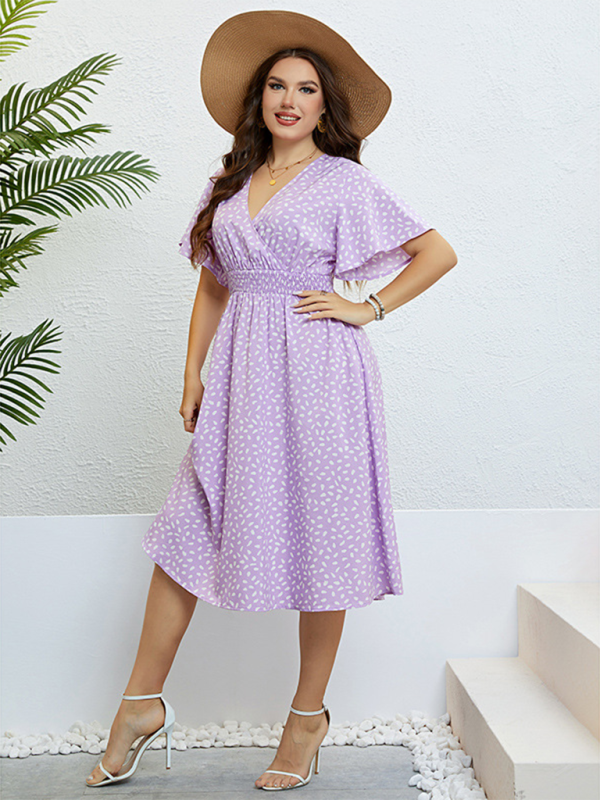 Curvy Dresses- Surplice Curvy Midi Dress with Gathered Waist in Plus Size- - IndioGear.com