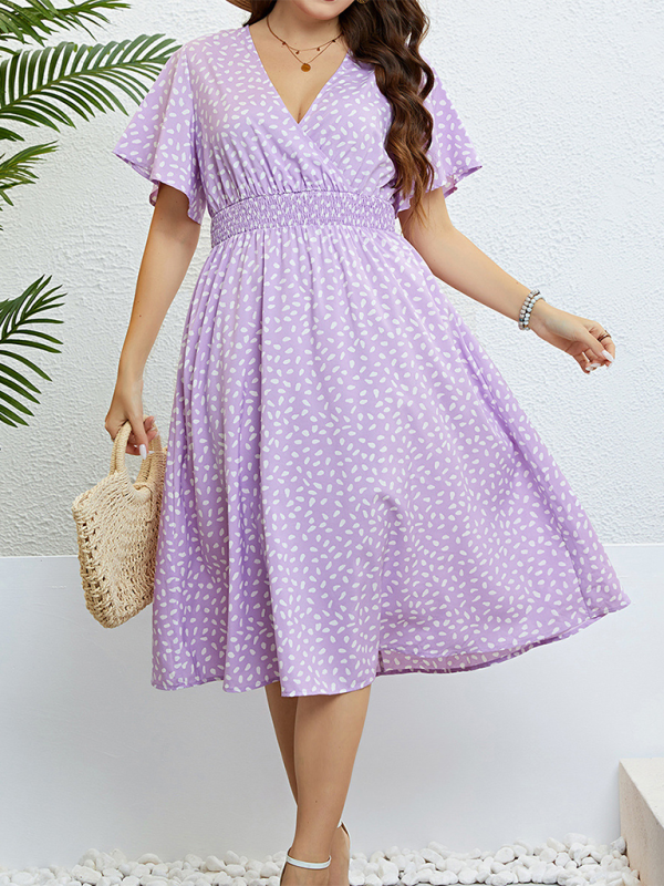 Curvy Dresses- Surplice Curvy Midi Dress with Gathered Waist in Plus Size- - IndioGear.com