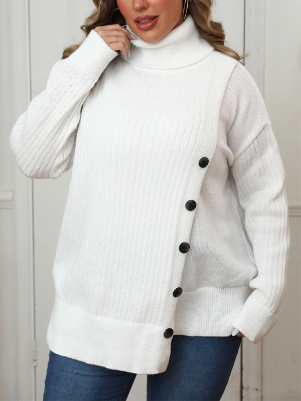 Curvy Sweaters- Women’s Plus Size Buttoned Turtleneck Sweater – Cozy Winter Jumper- White- IndioGear.com