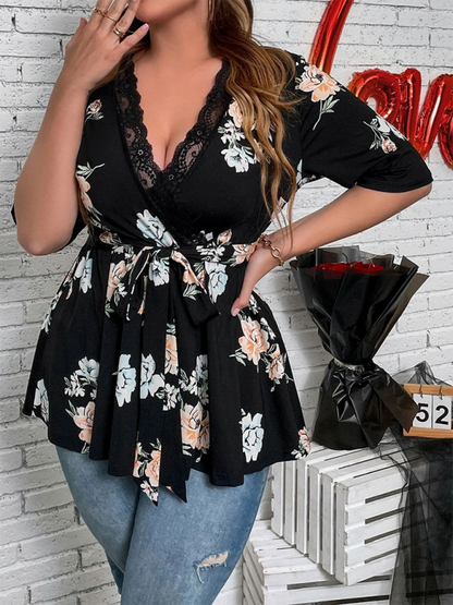 Curvy Tops- Floral Plus Size A-Line Blouse with Cinched Waist- Black- IndioGear.com