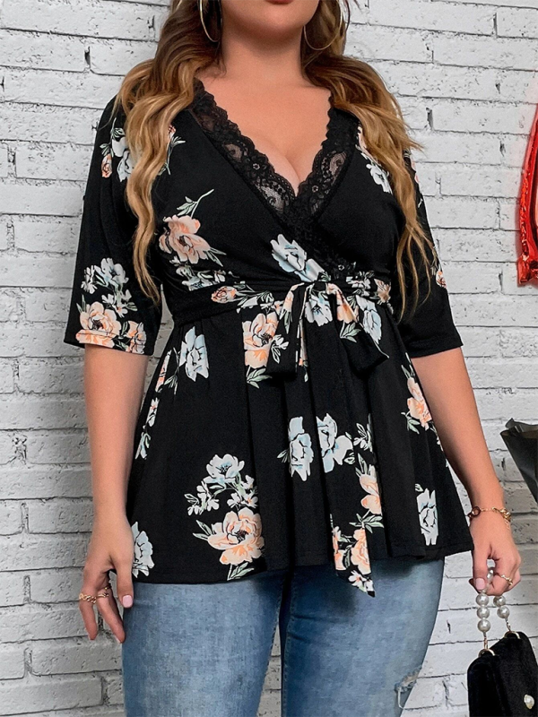 Curvy Tops- Floral Plus Size A-Line Blouse with Cinched Waist- - IndioGear.com