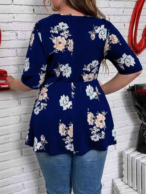 Curvy Tops- Floral Plus Size A-Line Blouse with Cinched Waist- - IndioGear.com