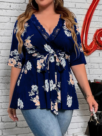 Curvy Tops- Floral Plus Size A-Line Blouse with Cinched Waist- - IndioGear.com