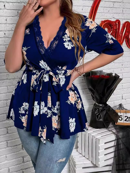 Curvy Tops- Floral Plus Size A-Line Blouse with Cinched Waist- Blue- IndioGear.com