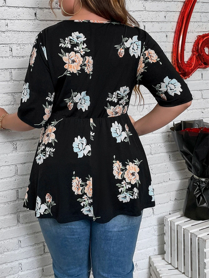 Curvy Tops- Floral Plus Size A-Line Blouse with Cinched Waist- - IndioGear.com