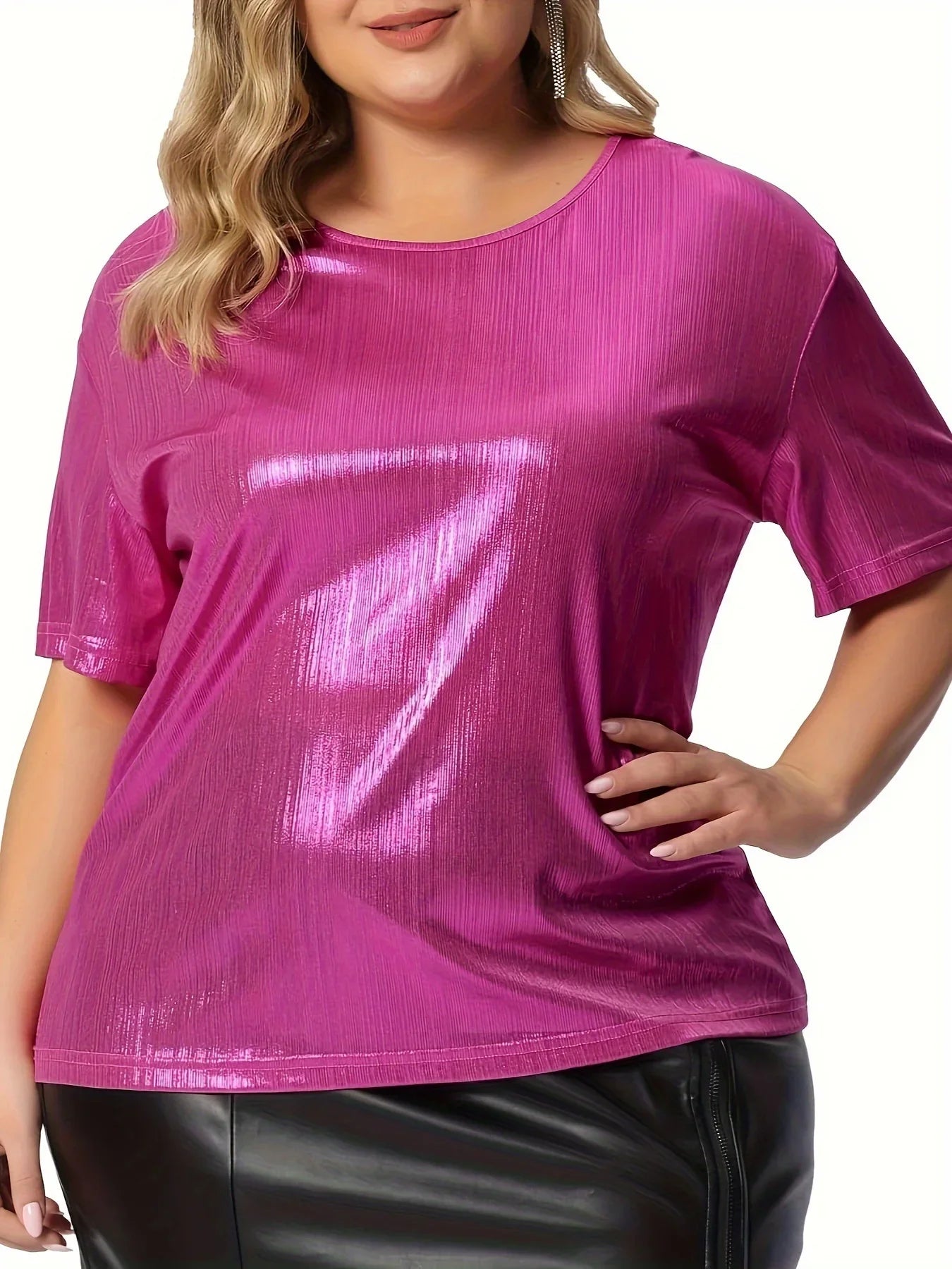 Curvy Tops- Women Chic Metallic Sparkle Top for Plus Size- Hot Pink- IndioGear.com