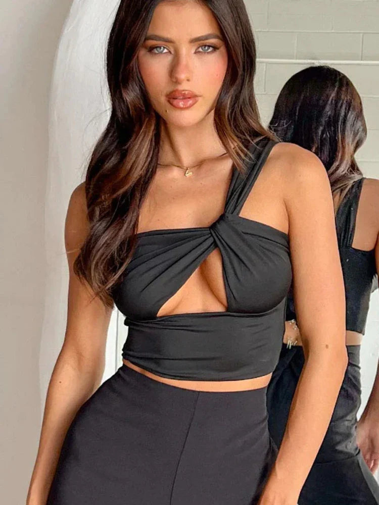 Cutout Tops- Women One-Shoulder Festival Crop Top in Solid Colors- Black- Chuzko Women Clothing