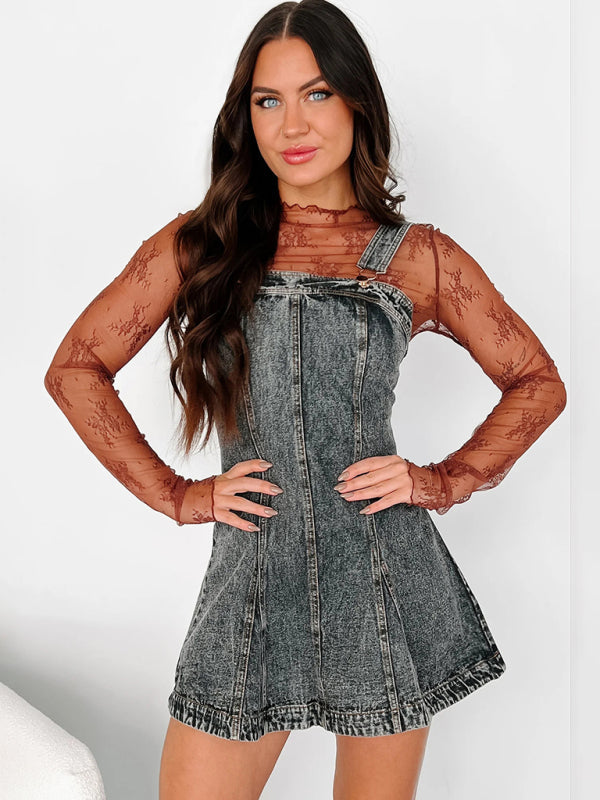 Denim Dresses- A-Line Retro Washed Denim Pinafore Dress- - IndioGear Women Clothing