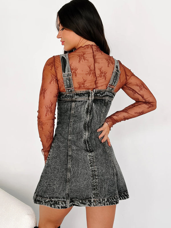 Denim Dresses- A-Line Retro Washed Denim Pinafore Dress- - IndioGear Women Clothing