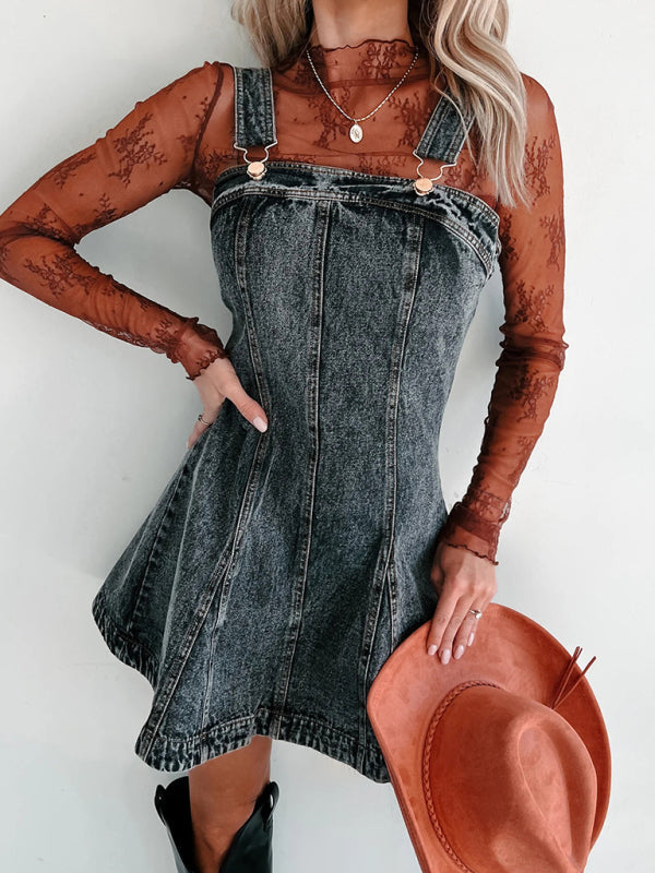 Denim Dresses- A-Line Retro Washed Denim Pinafore Dress- - IndioGear Women Clothing