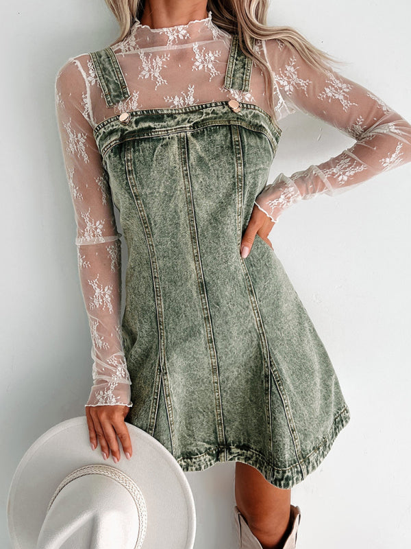 Denim Dresses- A-Line Retro Washed Denim Pinafore Dress- - IndioGear Women Clothing