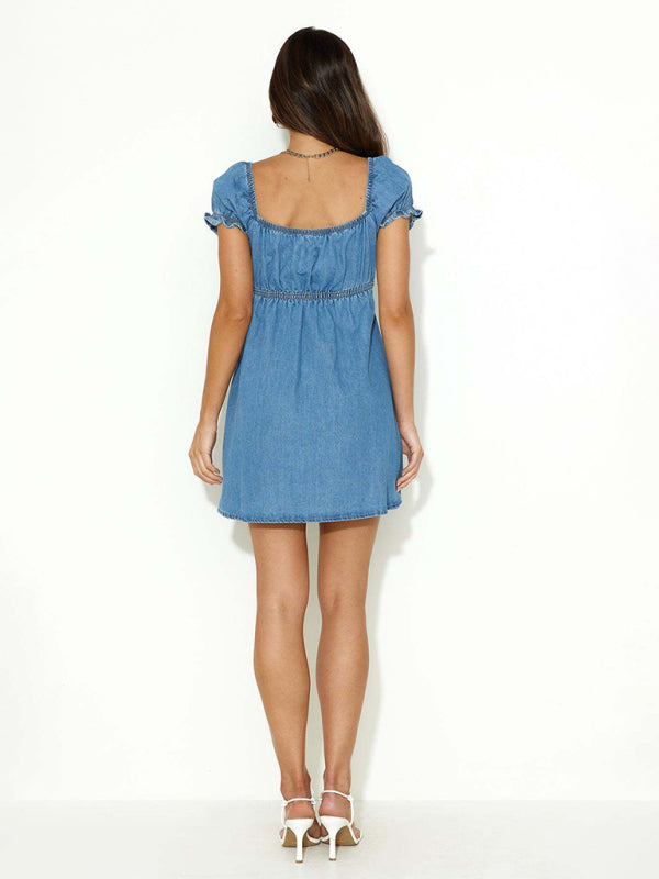 Denim Dresses- Casual Denim A-Line Dress with Tie- - IndioGear Women Clothing