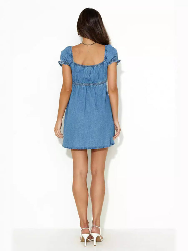 Denim Dresses- Casual Denim A-Line Dress with Tie- - IndioGear Women Clothing