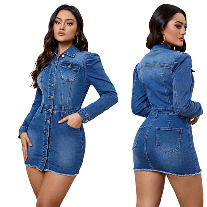 Denim Dresses- Fitted Metal Button Denim Bodycon Mini Dress with Pockets- - IndioGear Women Clothing