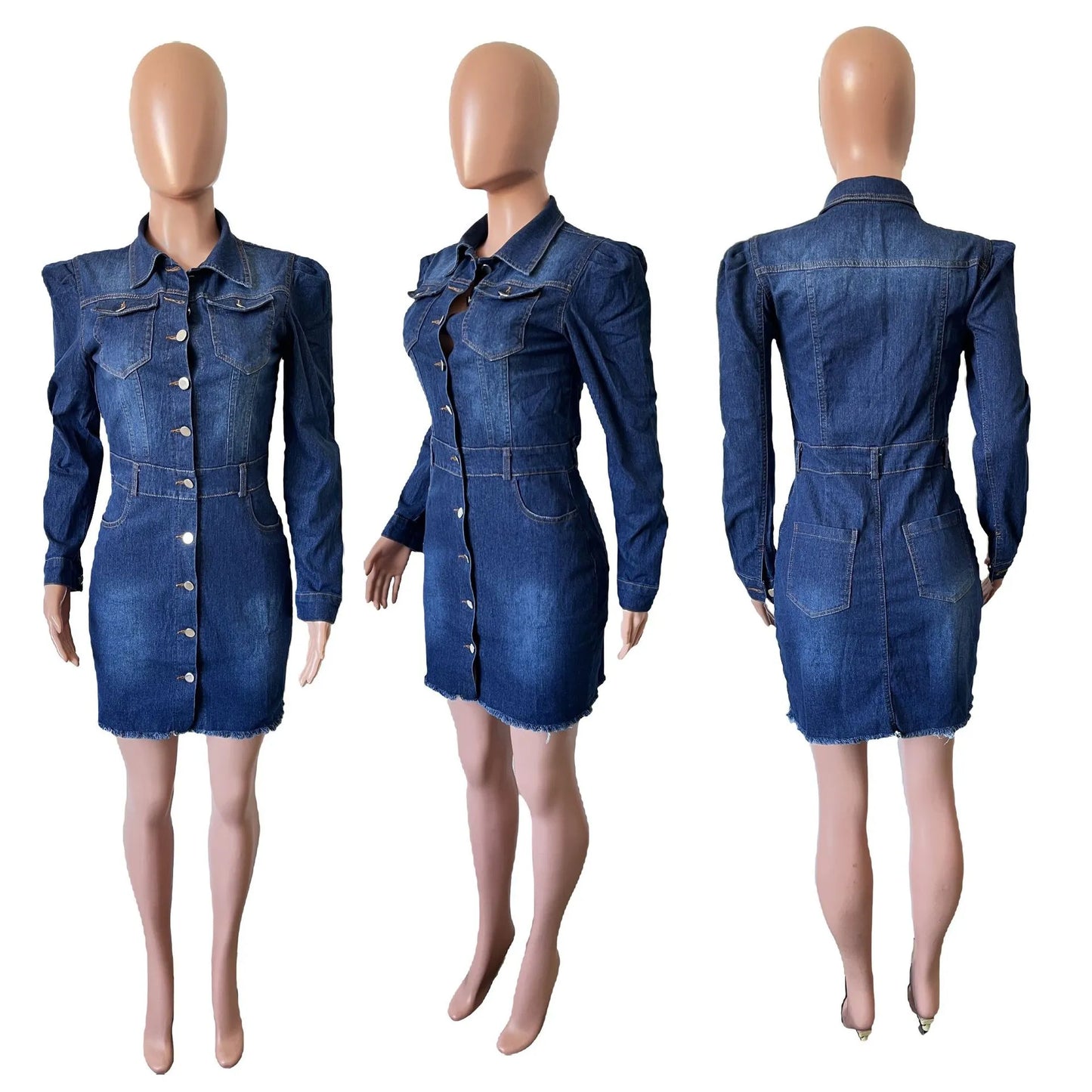 Denim Dresses- Fitted Metal Button Denim Bodycon Mini Dress with Pockets- - IndioGear Women Clothing