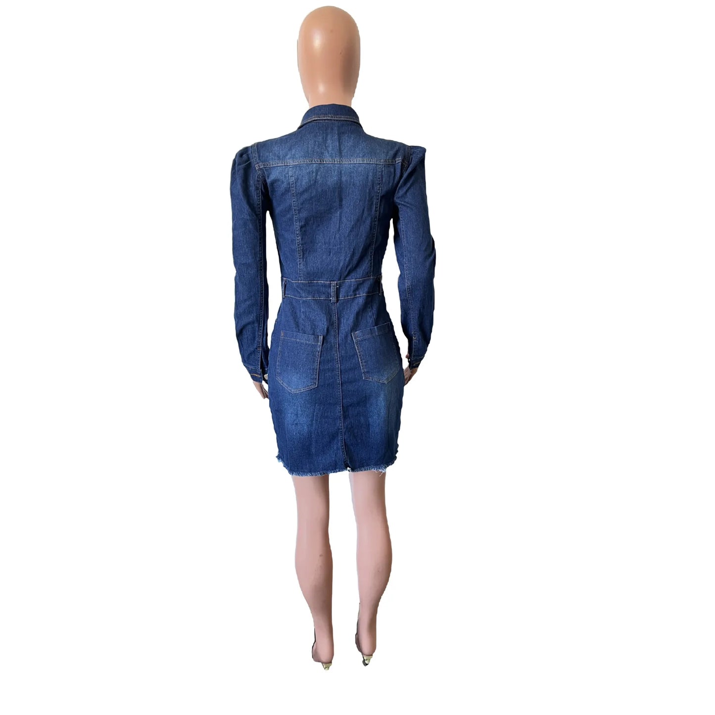 Denim Dresses- Fitted Metal Button Denim Bodycon Mini Dress with Pockets- - IndioGear Women Clothing