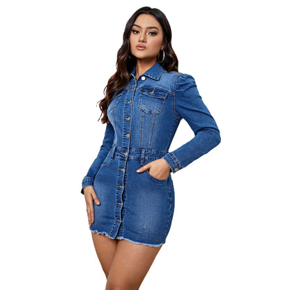 Denim Dresses- Fitted Metal Button Denim Bodycon Mini Dress with Pockets- - IndioGear Women Clothing