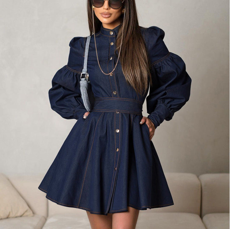 Denim Dresses- Navy Lantern Sleeve Denim Mini Dress – Perfect for Brunch- - IndioGear Women Clothing