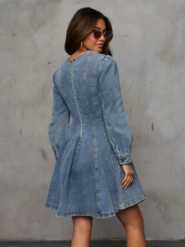 Denim Dresses- Princess Denim Outfit Puff-Sleeved Dress- - IndioGear Women Clothing