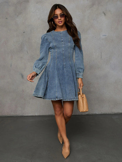 Denim Dresses- Princess Denim Outfit Puff-Sleeved Dress- - IndioGear Women Clothing