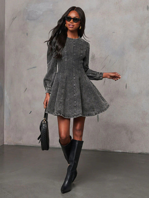 Denim Dresses- Princess Denim Outfit Puff-Sleeved Dress- - IndioGear Women Clothing