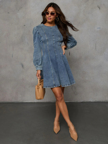 Denim Dresses- Princess Denim Outfit Puff-Sleeved Dress- - IndioGear Women Clothing